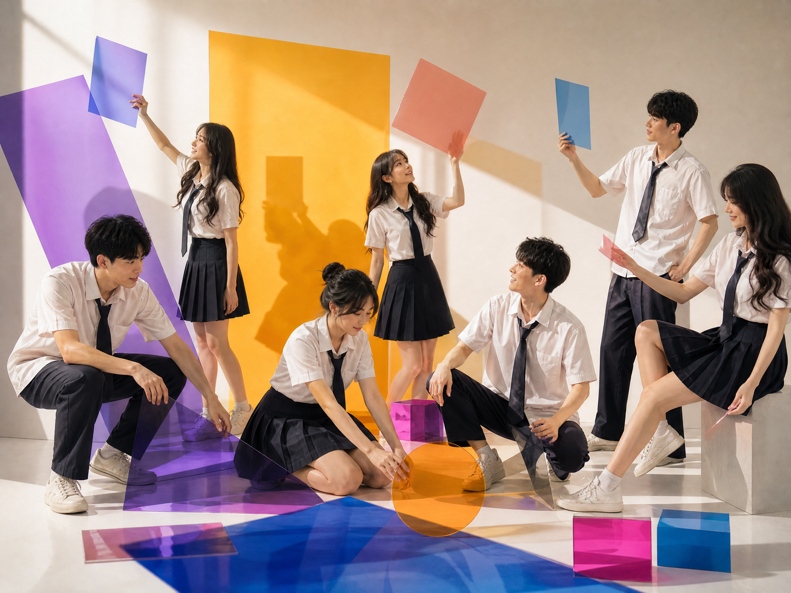 Nhóm học sinh thử nghiệm các tấm màu trong studio