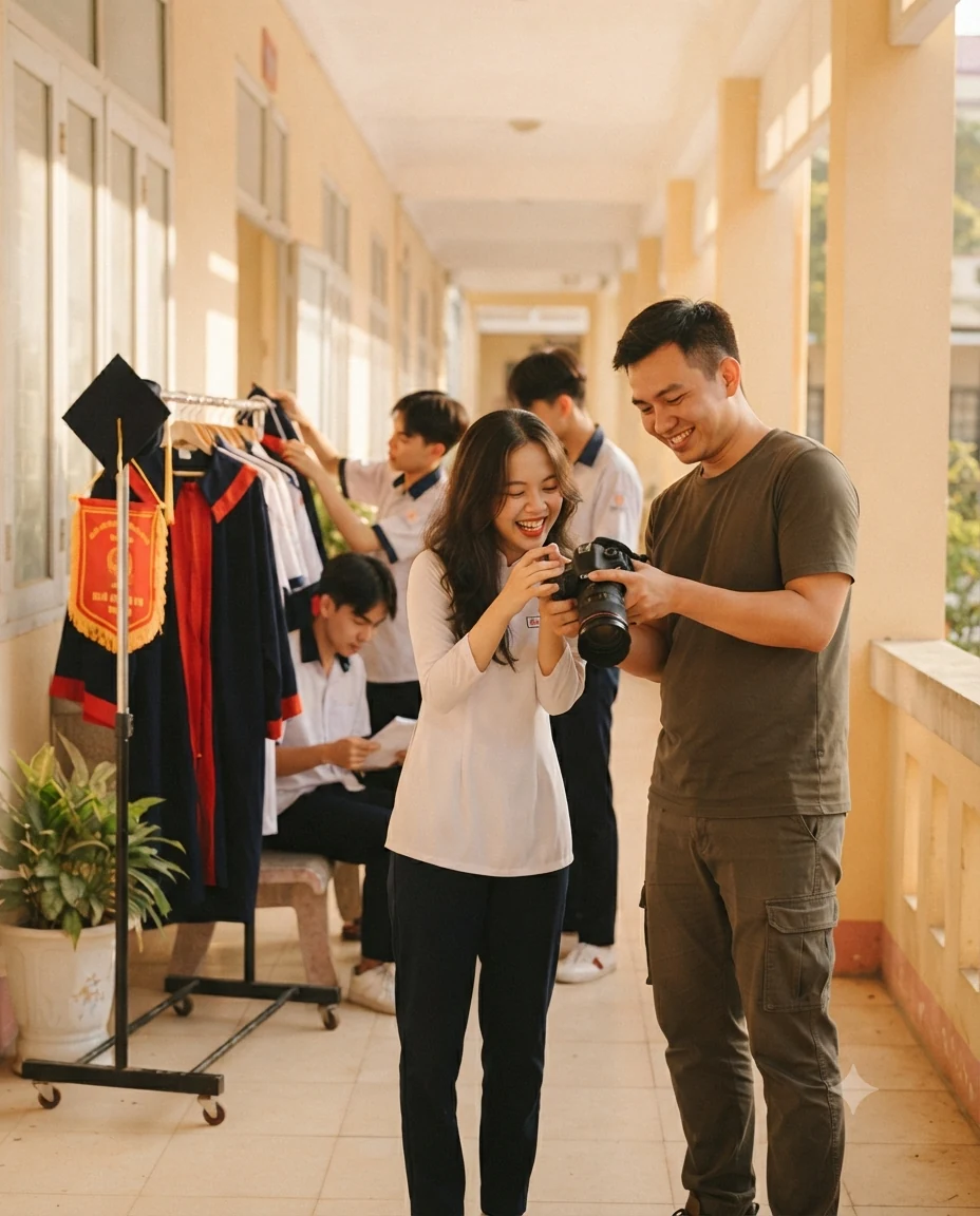 Hậu trường ekip chụp ảnh kỷ yếu và chuẩn bị trang phục trong hành lang trường học