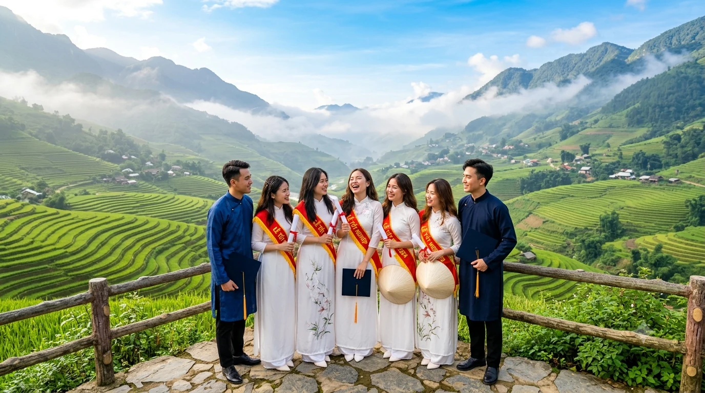 Nét đẹp truyền thống giữa mây ngàn — học sinh mặc áo dài trắng giữa ruộng bậc thang Lào Cai