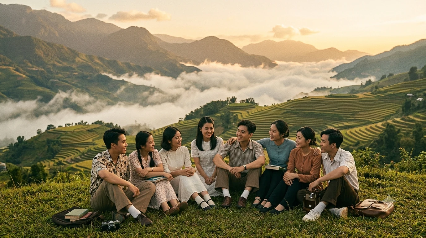 Thanh xuân rực rỡ — nhóm bạn trẻ phong cách vintage trên đồi cỏ nhìn xuống thung lũng Sapa